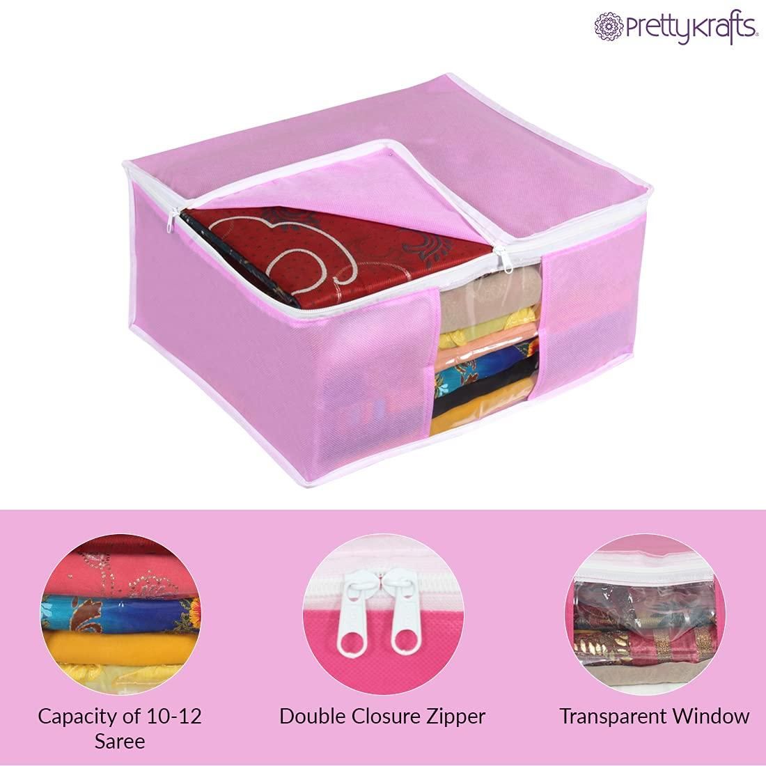 Premium Clothes Organizer Box Set (Pack of 6) – Non-Woven Wardrobe Storage Bags with Zipper & Handles (Pink)