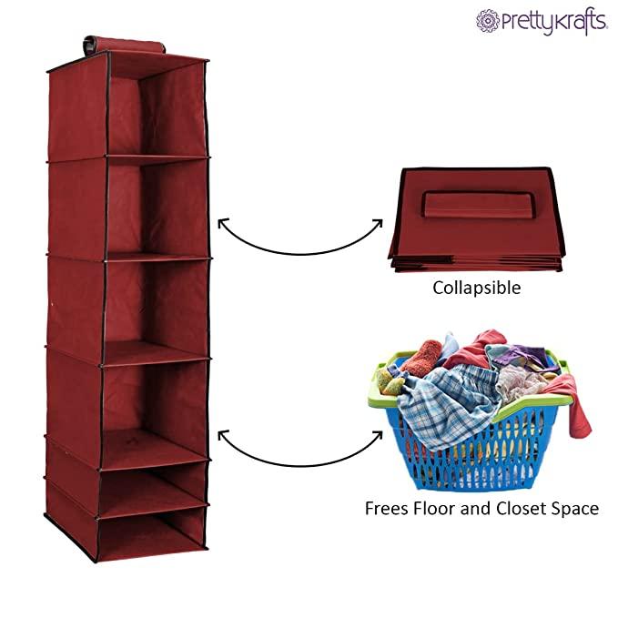 6-Shelf Foldable Hanging Wardrobe Organizer – Maroon Non-Woven Closet Storage Rack