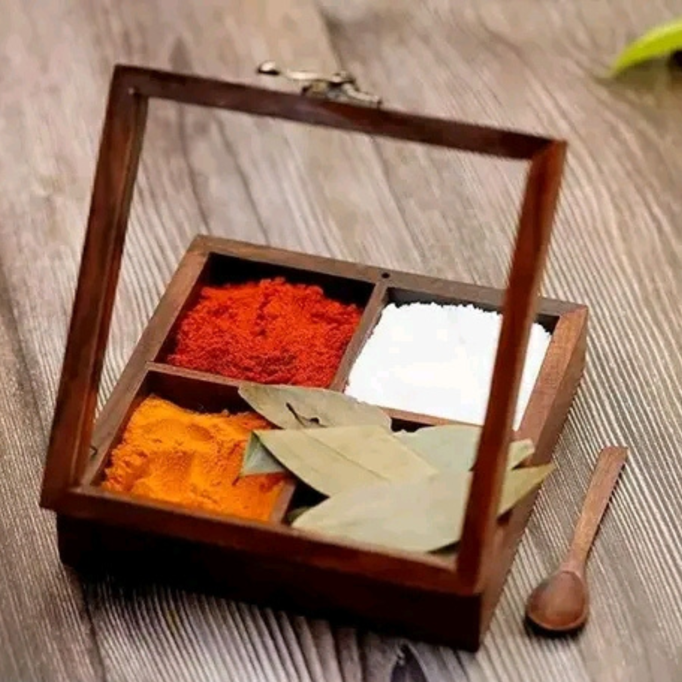 Wooden Spice Treasury – Handcrafted Sheesham Rosewood Spice Box with 4 Compartments & Spoon