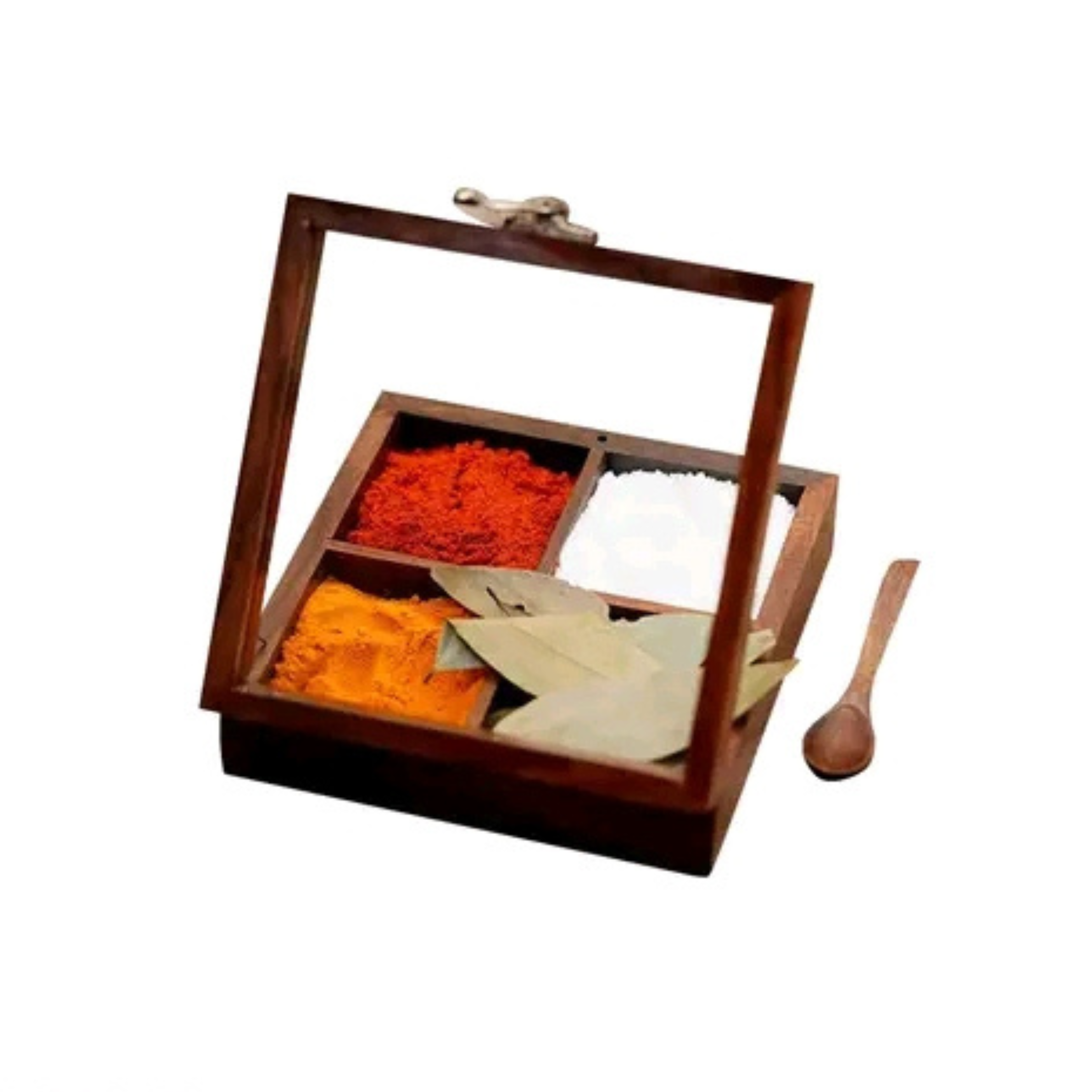 Wooden Spice Treasury – Handcrafted Sheesham Rosewood Spice Box with 4 Compartments & Spoon