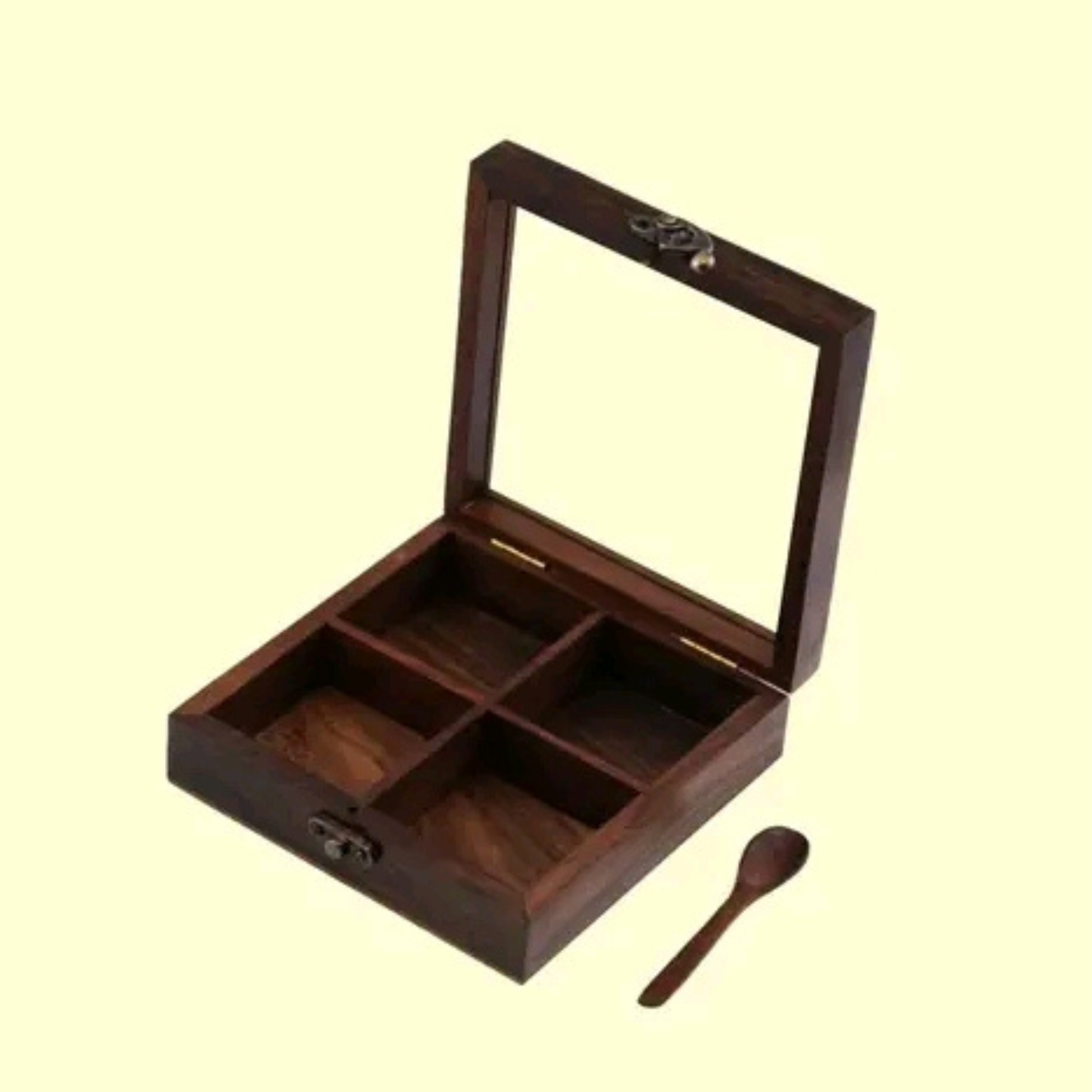 Wooden Spice Treasury – Handcrafted Sheesham Rosewood Spice Box with 4 Compartments & Spoon