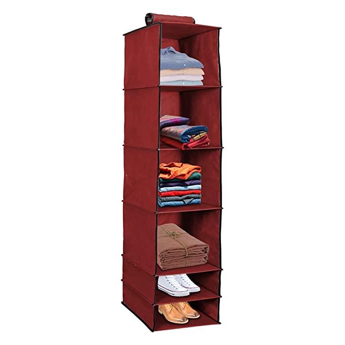 6-Shelf Foldable Hanging Wardrobe Organizer – Maroon Non-Woven Closet Storage Rack