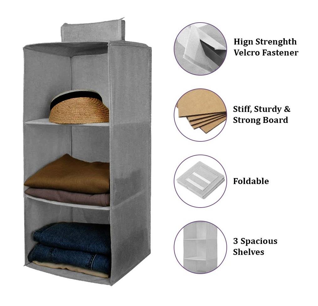 Premium 3-Shelf Hanging Wardrobe Organizer – Foldable Non-Woven Closet Storage (Grey)