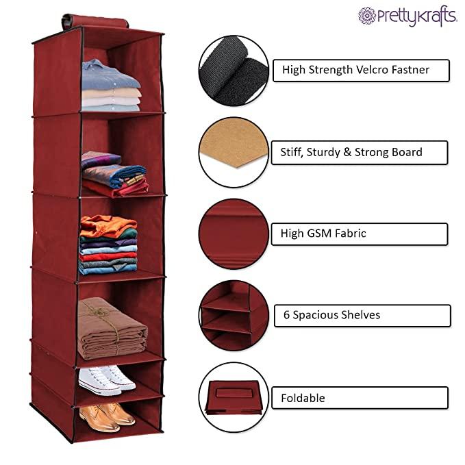 6-Shelf Foldable Hanging Wardrobe Organizer – Maroon Non-Woven Closet Storage Rack