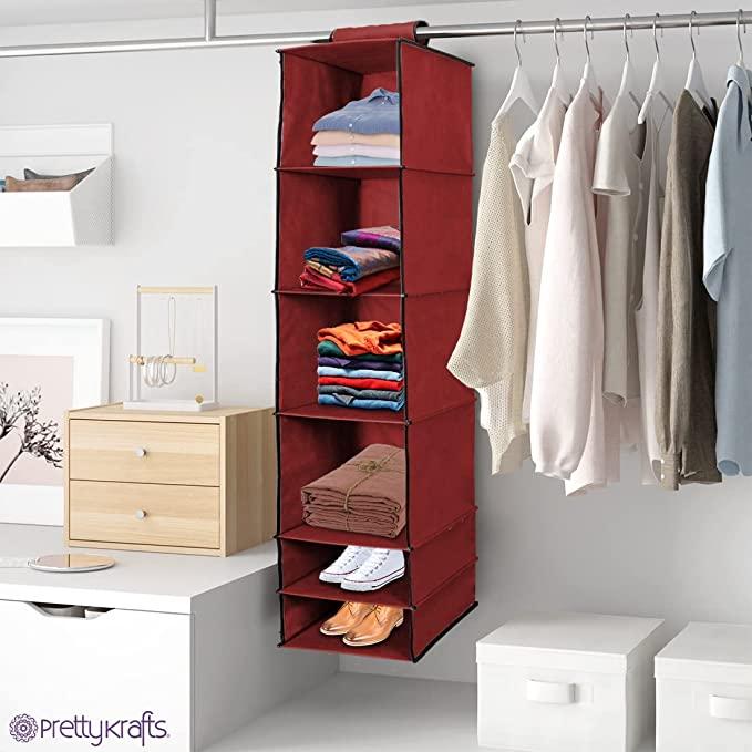 6-Shelf Foldable Hanging Wardrobe Organizer – Maroon Non-Woven Closet Storage Rack