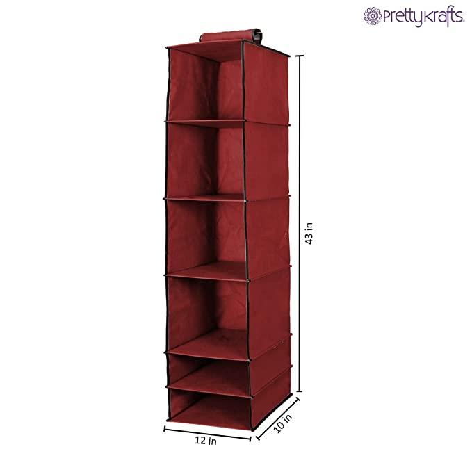 6-Shelf Foldable Hanging Wardrobe Organizer – Maroon Non-Woven Closet Storage Rack