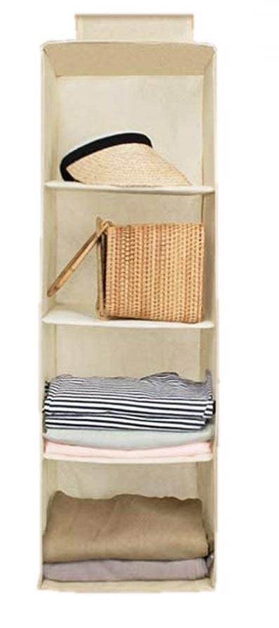 Premium 4-Shelf Hanging Wardrobe Organizer – Foldable Non-Woven Closet Storage (Beige)