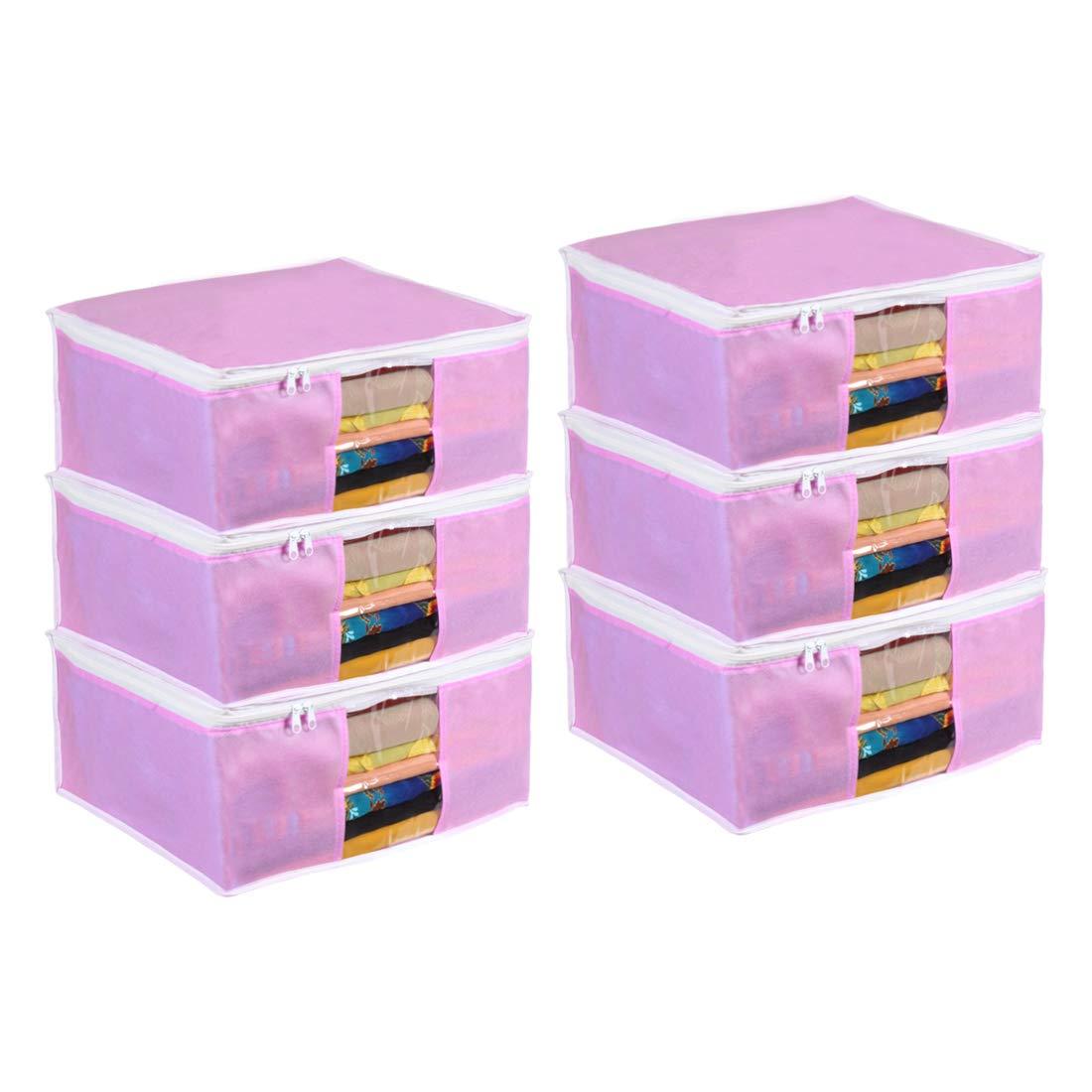 Premium Clothes Organizer Box Set (Pack of 6) – Non-Woven Wardrobe Storage Bags with Zipper & Handles (Pink)