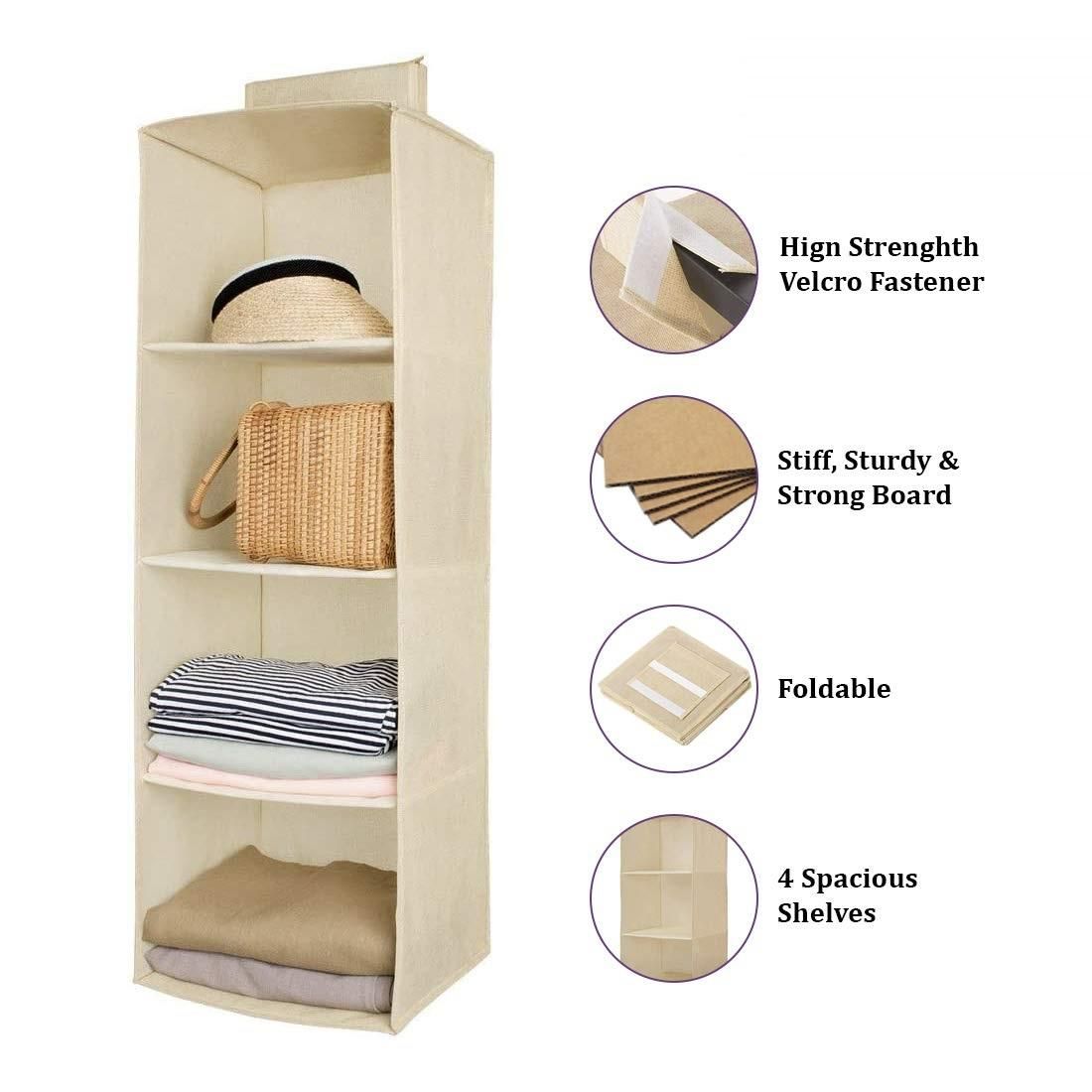 Premium 4-Shelf Hanging Wardrobe Organizer – Foldable Non-Woven Closet Storage (Beige)