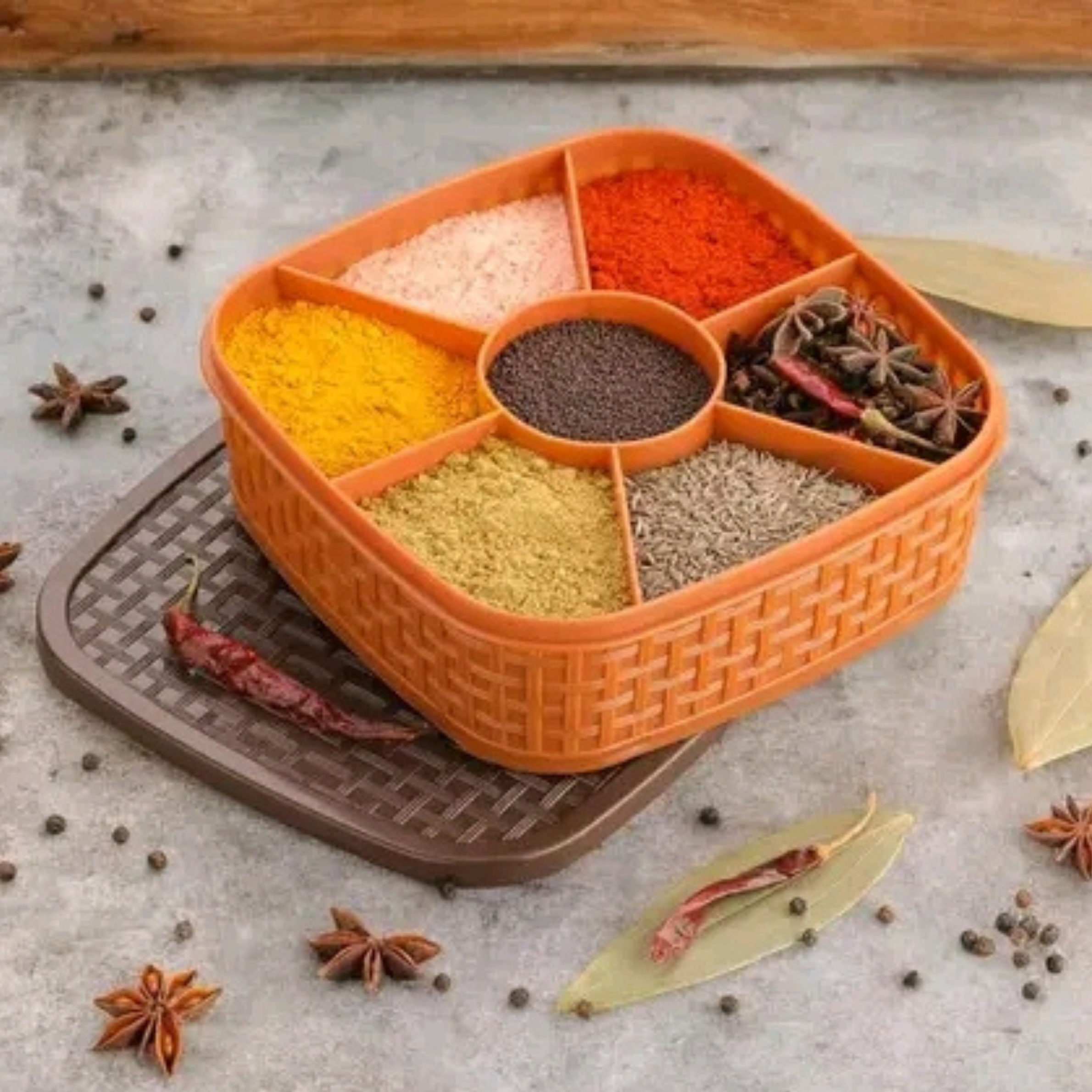 Premium 7-Section Square Masala & Rangoli Box – Multipurpose Spice Container with Airtight Lid (Brown)
