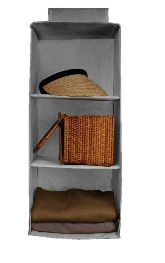Premium 3-Shelf Hanging Wardrobe Organizer – Foldable Non-Woven Closet Storage (Grey)