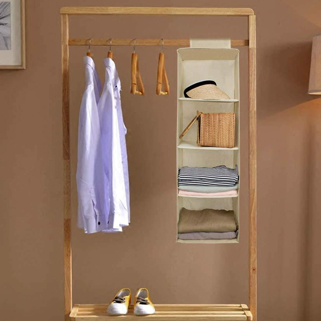 Premium 4-Shelf Hanging Wardrobe Organizer – Foldable Non-Woven Closet Storage (Beige)
