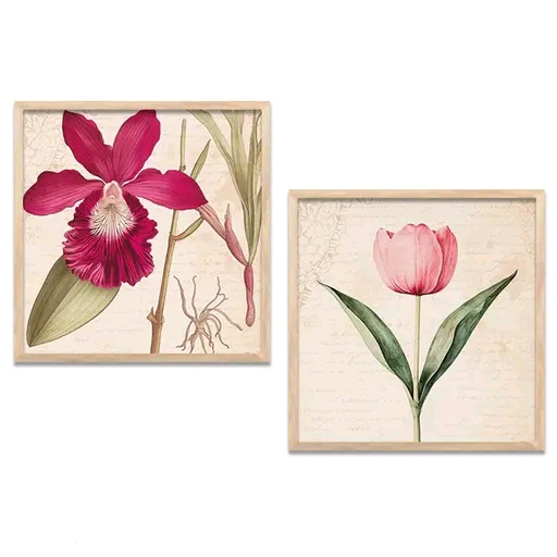 Botanical Wall Art Painting Set of 2 – Premium Framed Floral Artwork for Living Room & Office Décor (8x8 Inch)