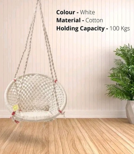 Round Cotton Hammock Swing Chair – White Macrame Hanging Jhula for Home & Outdoor (100 Kg Capacity)