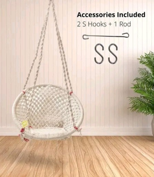 Round Cotton Hammock Swing Chair – White Macrame Hanging Jhula for Home & Outdoor (100 Kg Capacity)