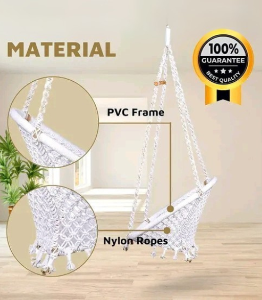 Round Cotton Hammock Swing Chair – White Macrame Hanging Jhula for Home & Outdoor (100 Kg Capacity)