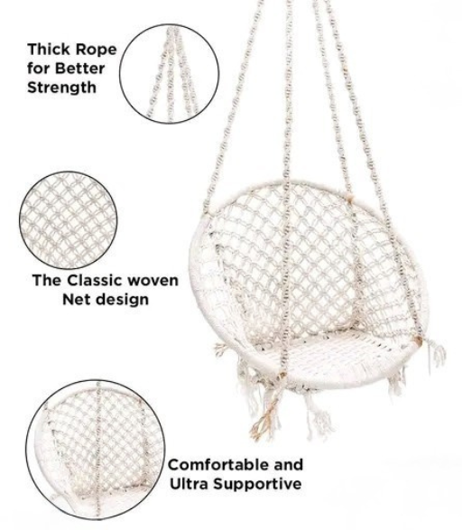 Round Cotton Hammock Swing Chair – White Macrame Hanging Jhula for Home & Outdoor (100 Kg Capacity)