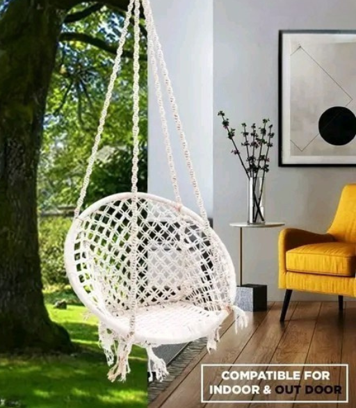 Round Cotton Hammock Swing Chair – White Macrame Hanging Jhula for Home & Outdoor (100 Kg Capacity)