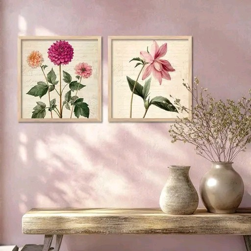 Crimson Bloom Premium Flowers Wall Art Painting Set of 2 – Framed Decorative Artwork for Living Room & Bedroom (8x8 Inch)