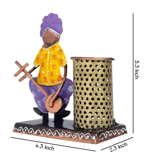 Premium Jodhpur Handcrafted Rajasthani Musician Pen Holder – Antique Metal Desk Organizer & Showpiece