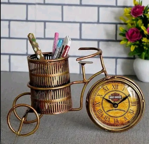 Antique Iron Flower Pot Pen Stand with Clock – Decorative Metal Desk Organizer for Home & Office