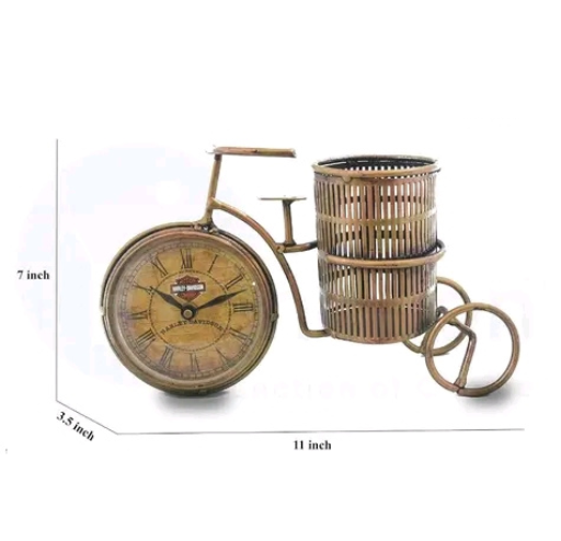 Antique Iron Flower Pot Pen Stand with Clock – Decorative Metal Desk Organizer for Home & Office