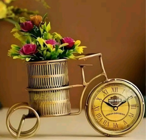 Antique Iron Flower Pot Pen Stand with Clock – Decorative Metal Desk Organizer for Home & Office