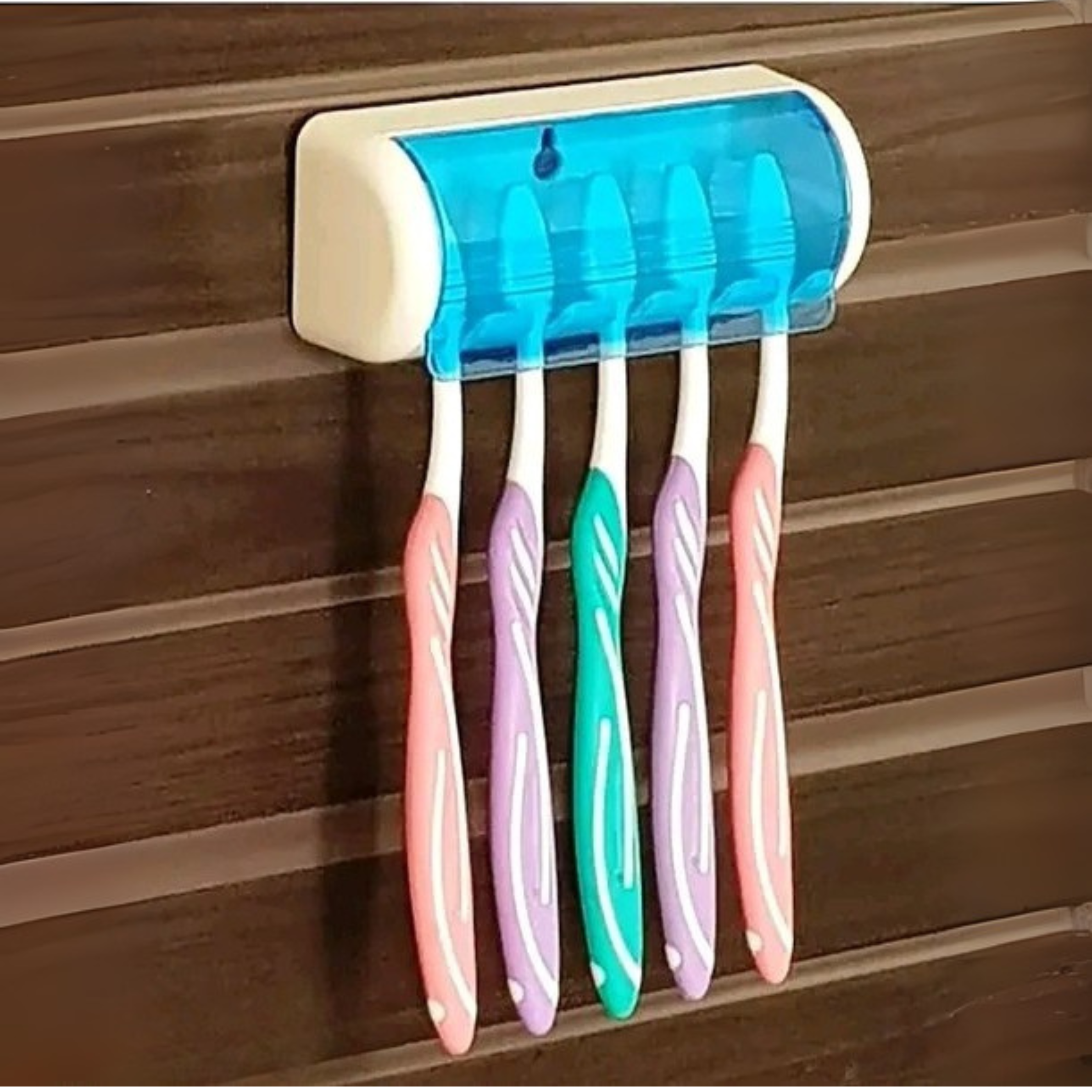 Wall Mounted 5 Toothbrush Holder with Dust Proof Cover – Pack of 1 (White & Blue)