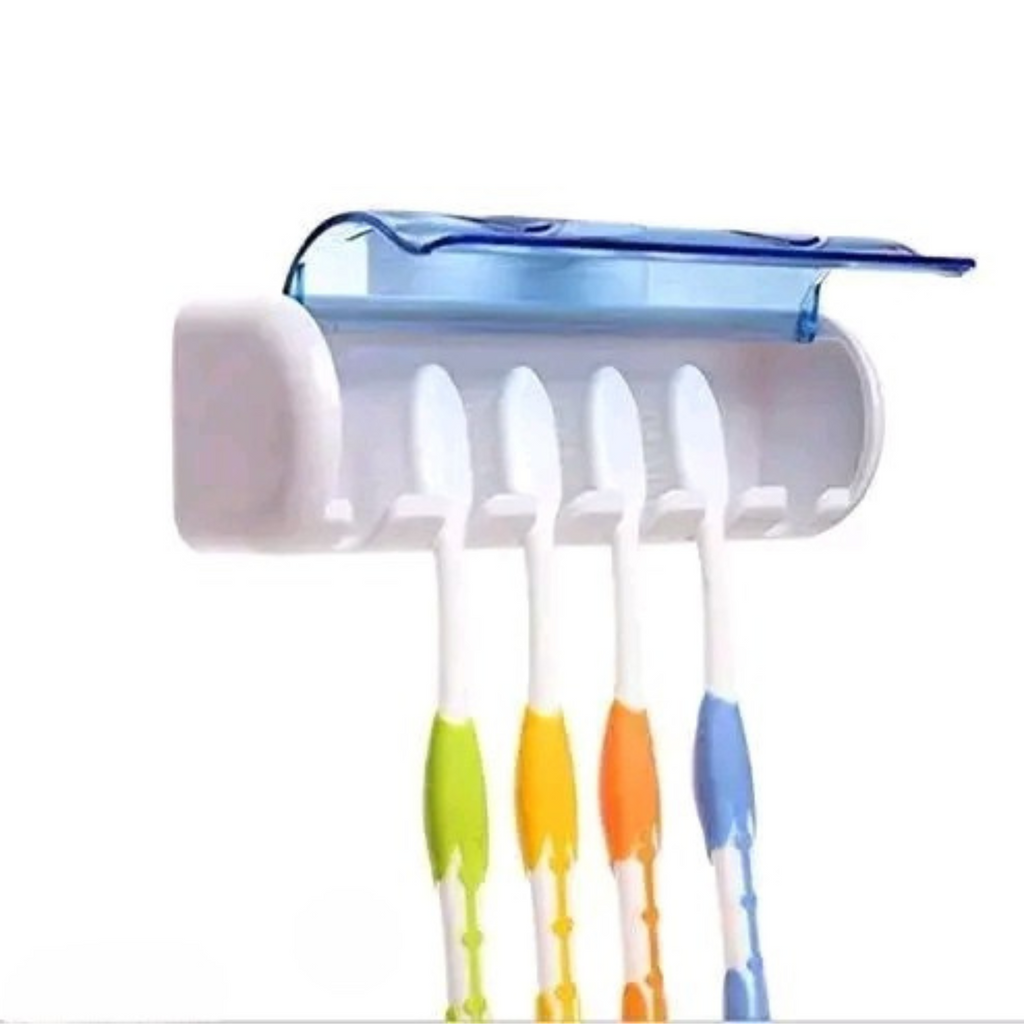 Wall Mounted 5 Toothbrush Holder with Dust Proof Cover – Pack of 1 (White & Blue)