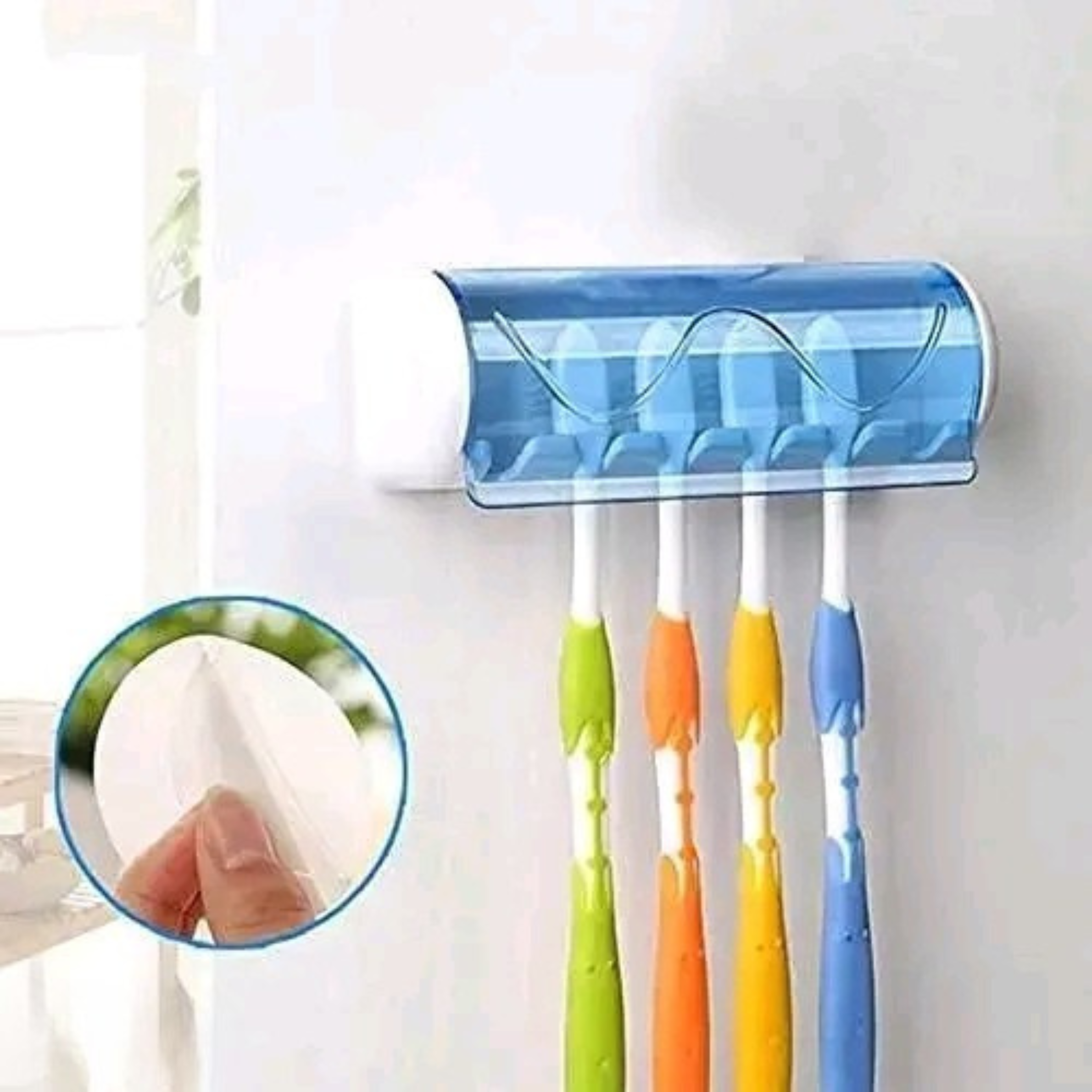 Wall Mounted 5 Toothbrush Holder with Dust Proof Cover – Pack of 1 (White & Blue)