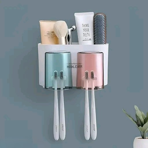 Toothbrush Holder with Adhesive Sticker – Wall Mounted Bathroom Organizer with 2 Cups, No-Drill Storage Rack