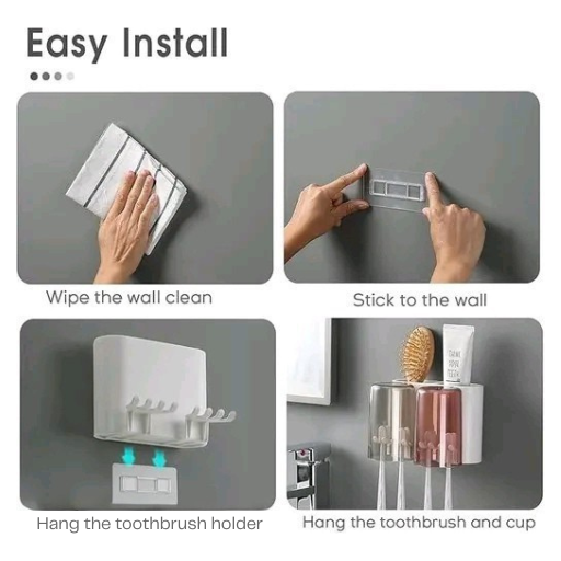 Toothbrush Holder with Adhesive Sticker – Wall Mounted Bathroom Organizer with 2 Cups, No-Drill Storage Rack