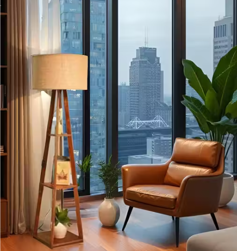 Modern Tripod Floor Lamp with Wooden Stand & Jute Shade – Decorative LED Lamp for Living Room & Bedroom