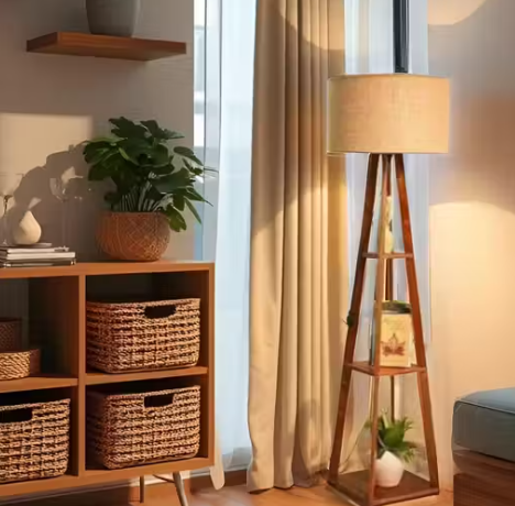 Modern Tripod Floor Lamp with Wooden Stand & Jute Shade – Decorative LED Lamp for Living Room & Bedroom