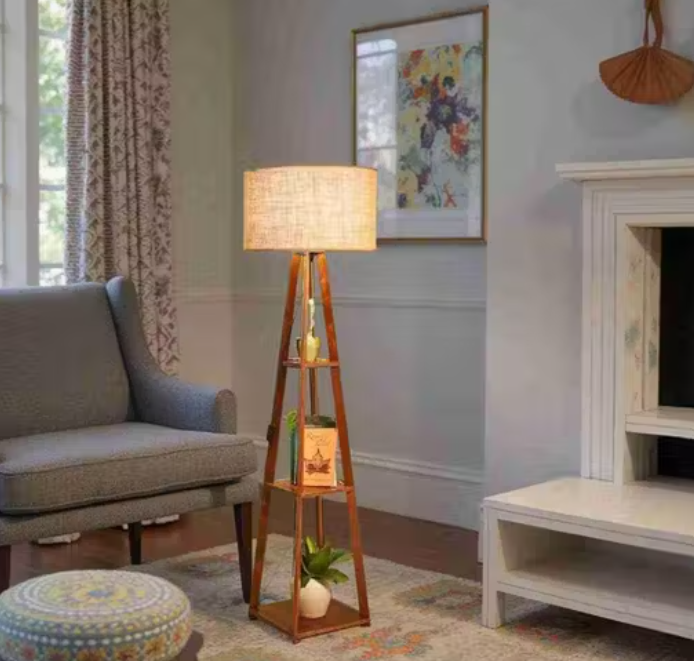 Modern Tripod Floor Lamp with Wooden Stand & Jute Shade – Decorative LED Lamp for Living Room & Bedroom