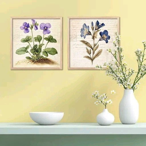 Violet Premium Flowers Wall Art Painting Set of 2 – Framed Decorative Artwork for Living Room & Bedroom (8x8 Inch)