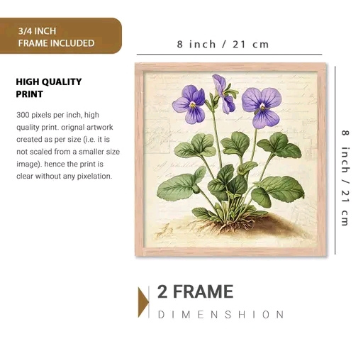 Violet Premium Flowers Wall Art Painting Set of 2 – Framed Decorative Artwork for Living Room & Bedroom (8x8 Inch)