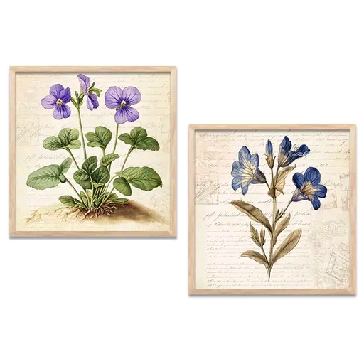 Violet Premium Flowers Wall Art Painting Set of 2 – Framed Decorative Artwork for Living Room & Bedroom (8x8 Inch)