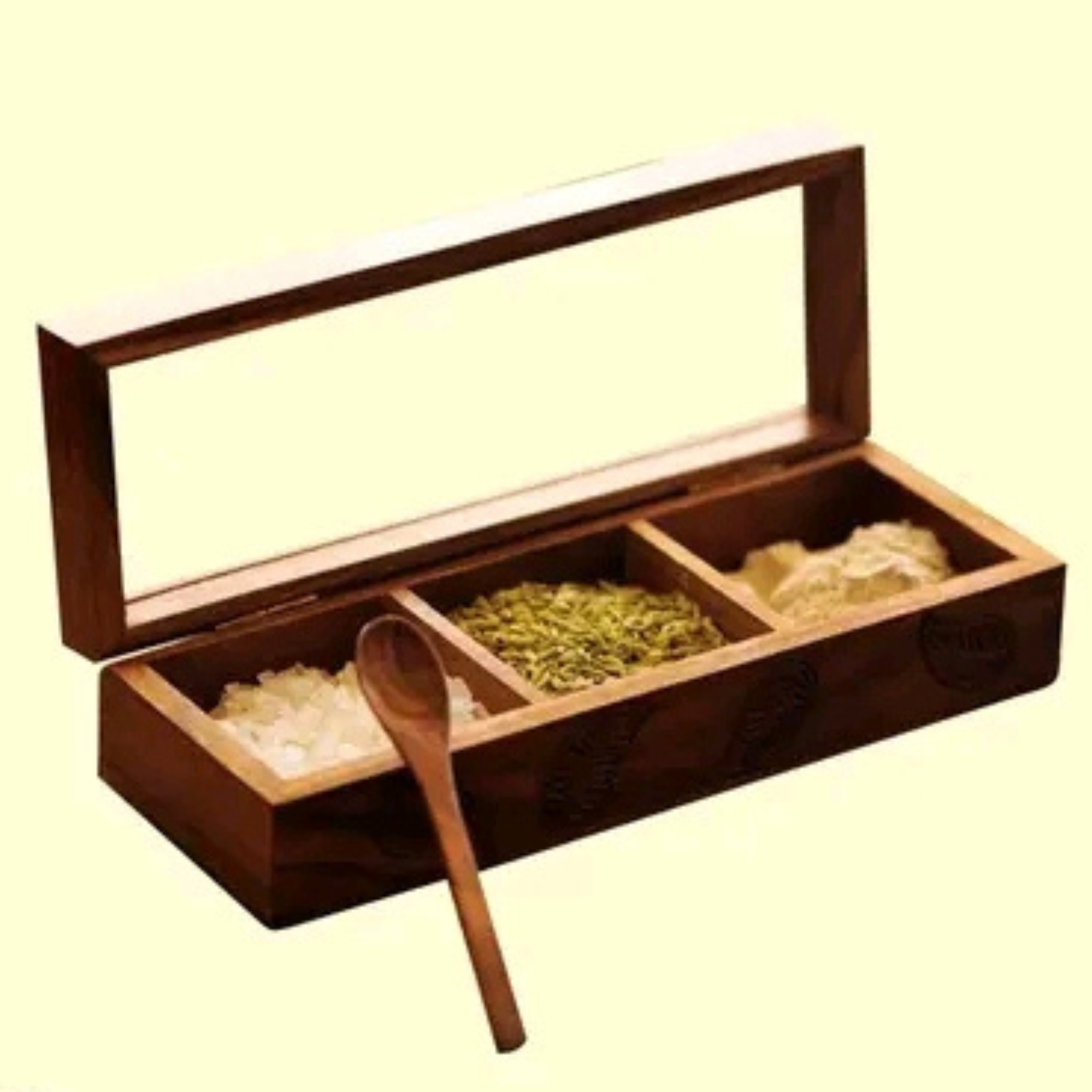 Wooden Spice Treasury – Exquisite Handcrafted Spice Box with 3 Compartments & Spoon