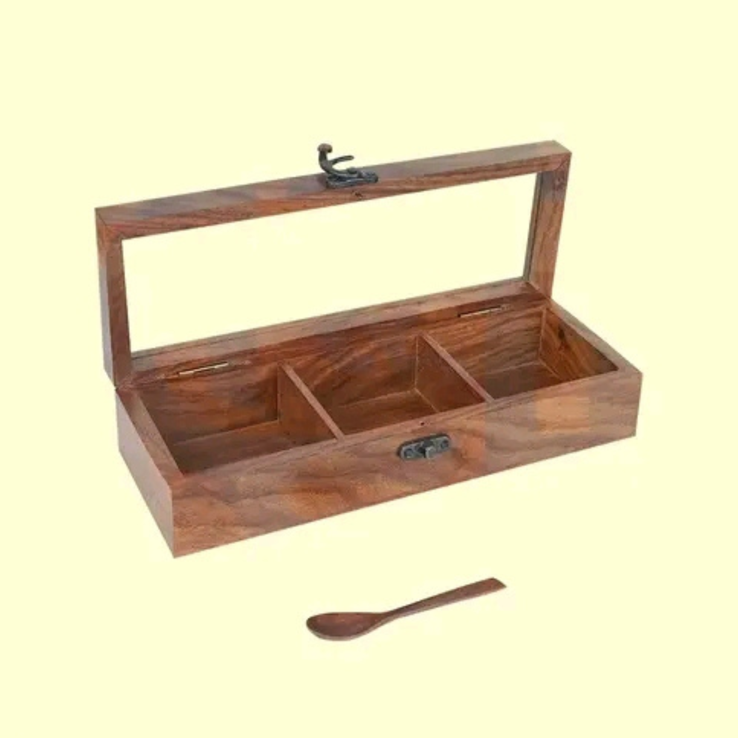 Wooden Spice Treasury – Exquisite Handcrafted Spice Box with 3 Compartments & Spoon